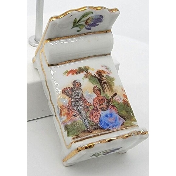 Limoges France Miniature Bed Dollhouse Furniture Victorian Couple Gold Trim - Picture 7 of 12